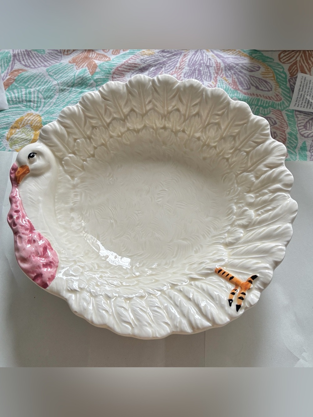 Turkey Serving Bowl, Embossed, Scalloped Edge and Handpainted. 1970s Japan. EC